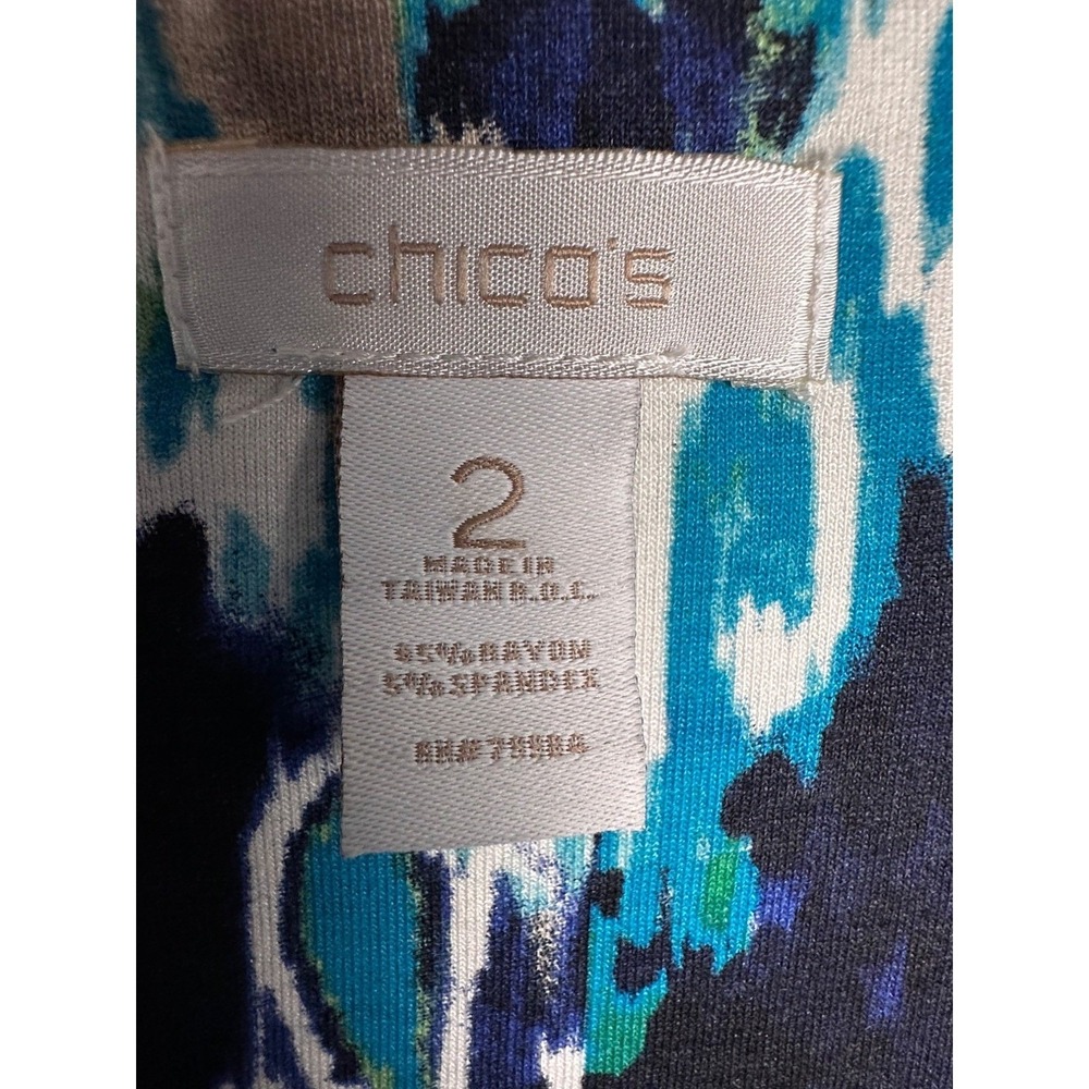 Chico's Womens Ikat Print Blouse Size L Blue Green Ruched 3/4 Sleeve Scoop Neck - Picture 3 of 7